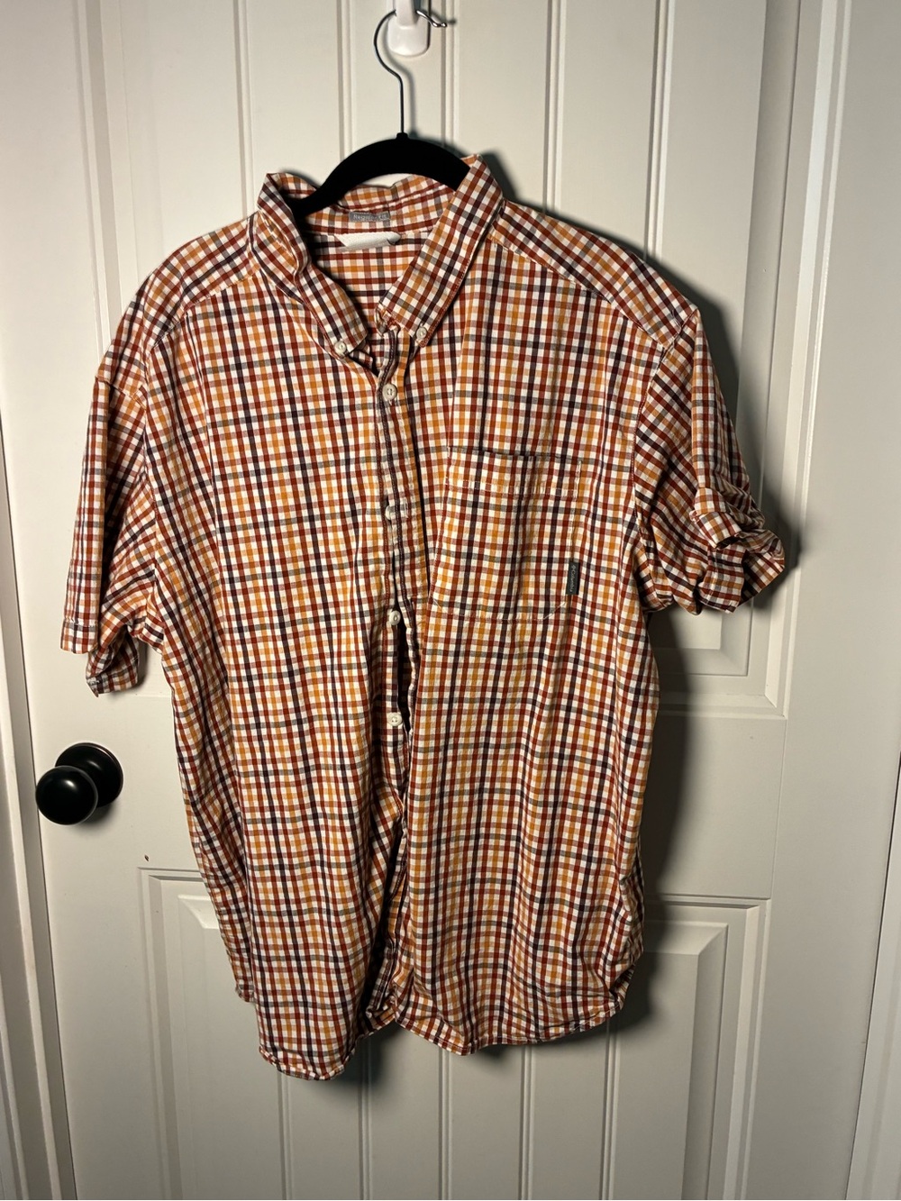 Columbia Orange and Brown Plaid Short-Sleeve Button-Down Shirt